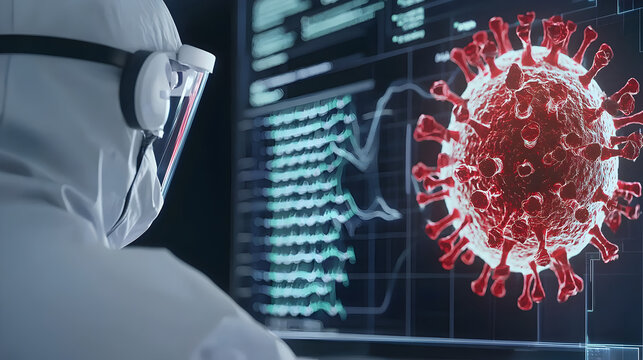 A scientist in protective gear analyzes data and a 3D model of a virus on a digital screen in a laboratory setting.
