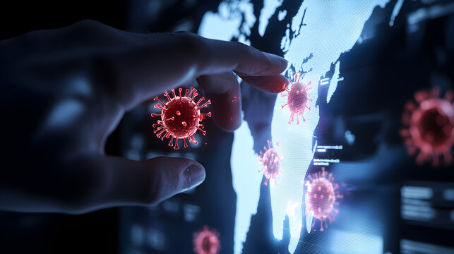A hand interacts with a digital map displaying virus icons, symbolizing global pandemic tracking and data analysis.