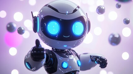 Positive cute robot pointing at a space. Copy space, ai generated.