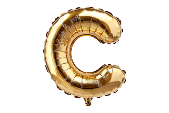 English Letter C made with gold foil balloon isolated on a transparent background