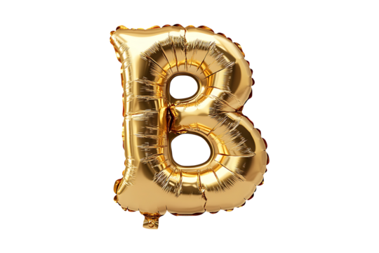 English Letter B made with gold foil balloon isolated on a transparent background
