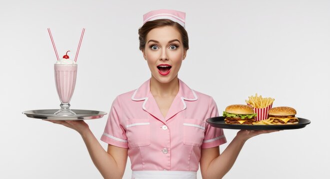 Retro waitress holding trays with milkshake and burgers on a white studio background looking surprised