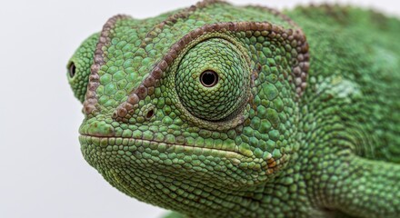 Fototapeta premium A close up of a green chameleon with textured skin looking directly at the camera on a white background