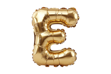 English Letter E made with gold foil balloon isolated on a transparent background
