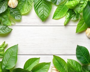 Green leaves and seashells frame a white wooden background