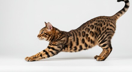 A bengal cat stretching its body with its front legs extended on a plain white background studio shot
