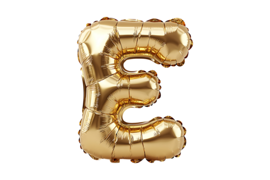 English Letter E made with gold foil balloon isolated on a transparent background