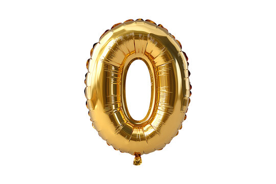 English number 0 made with gold foil balloon isolated on a transparent background