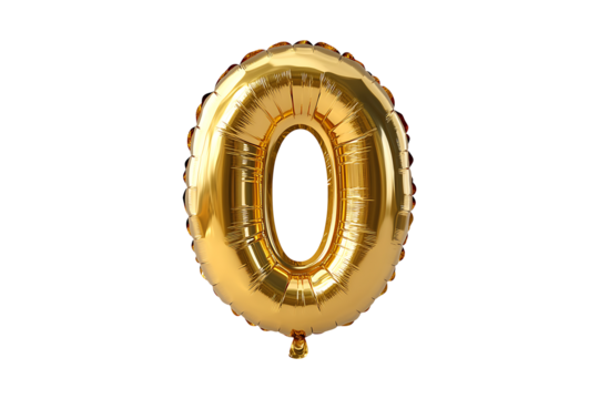 English number 0 made with gold foil balloon isolated on a transparent background