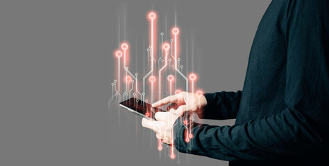 hand of businessman interactive touching a holographic of transaction financial network data...
