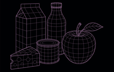 Wireframe Grocery Items with Milk, Juice, Can, and Bread