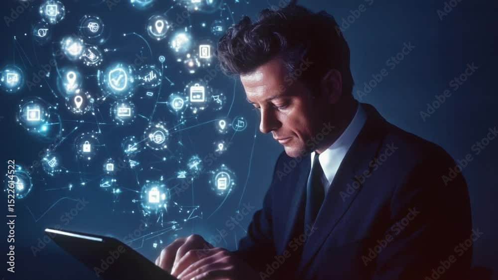 Poster man in suit interacts with virtual network using digital tablet device in dark workspace