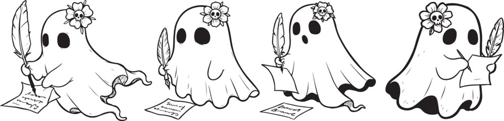 Cute Ghost Silhouette Writing with Quill on Paper – Whimsical Vector Clipart