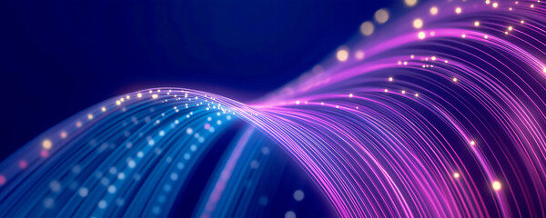 Abstract background of glowing fiber optic cables. Luminous blue and purple lines carry streams of data particles, conveying speed, technology, and communication.