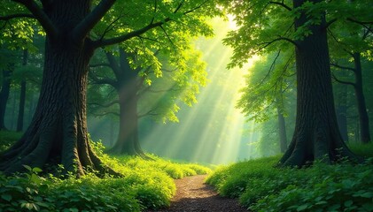 Fototapeta premium Sunlight dapples through the canopy of a lush forest, illuminating the vibrant green undergrowth and ancient trees A tranquil scene of nature's beauty , ecology, undergrowth, shadows