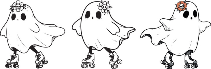 Roller Skating Ghosts Silhouette Vector Illustration for Fun and Whimsical Designs