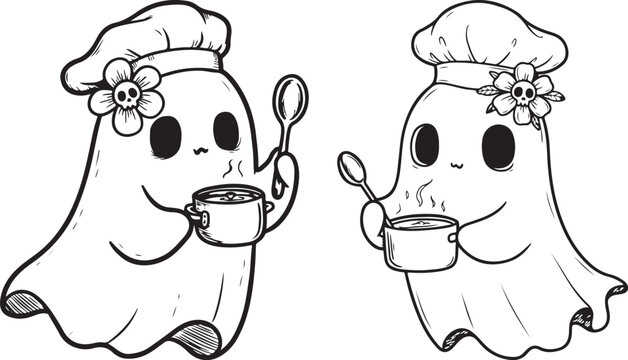 Cute Chef Ghosts Cooking Clipart Illustration