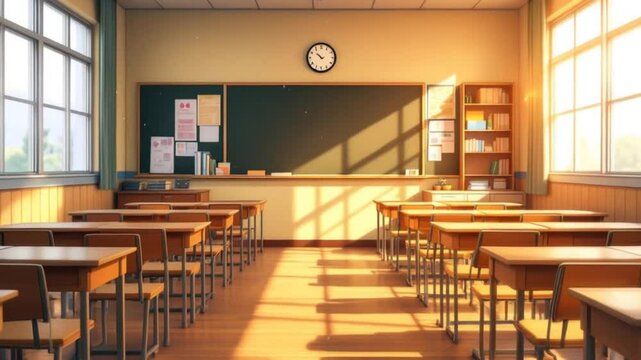 Classroom Interior with Empty Desks and Blackboard Anime Style