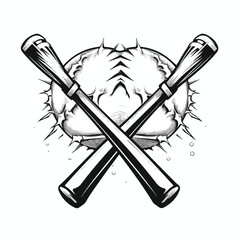 Professional Baseball Bats Crossed with Ball Symbol in Black Vector Illustration