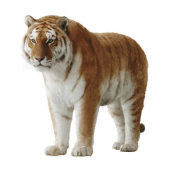 Obraz premium A majestic tiger stands proudly, showcasing its striking orange and black stripes on a white isolated background. This powerful animal is an embodiment of strength and beauty.