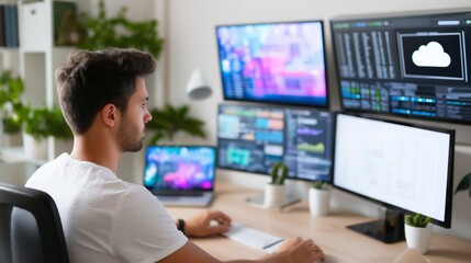 Man working at a modern workspace with multiple screens and data analysis tools in a well-lit room