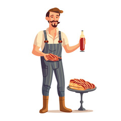Traditional Bavarian Man Holding Sausages and Beers Vector Illustration