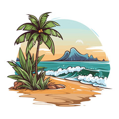 Tropical Beach and Summer View Scenery with Leaves Cartoon Illustration for Projects
