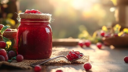 Red Jam Jar on Burlap. Ideal for Rustic Food and Kitchen Themes