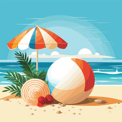 Colorful Beach Ball, Sun Bronzers, and Stylish Summer Hat - Summer Accessories Illustration