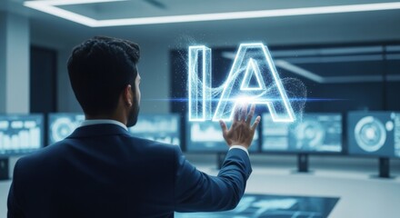 Symbole IA dans les airs — homme d'affaires français touchant un hologramme d'intelligence artificielle, concept de développement de l'IA en France, application de l'IA dans les affaires, assistant IA