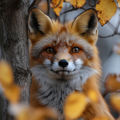 Fototapeta premium Red fox walking through fall leaves.