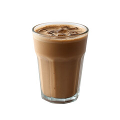 A refreshing glass of iced coffee, filled with ice cubes and a rich, creamy appearance, set against a white isolated background.