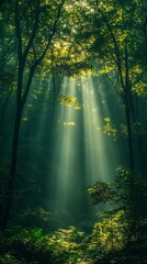 Enchanting Sun Rays Through Green Forest. Perfect for Nature and Meditation Themes