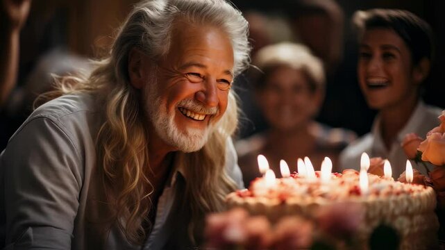 Happy older man with long hair celebrates his birthday, eyes closed and smiling brightly over a cake with lit candles during party, close up footage.