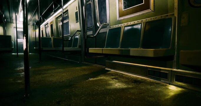An empty subway train showcases abandoned seats and dim lighting. The atmosphere is haunting, evoking a sense of solitude and mystery in the underground environment.