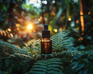 A small essential oil bottle rests upon fresh green ferns