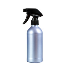 Fototapeta premium A sleek, metallic spray bottle with a black nozzle, perfect for holding cleaning solutions or liquids. Isolated on a white background, showcasing its modern design.