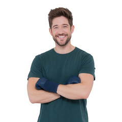 Obraz premium A smiling young man with boxing gloves crossed over his arms, exuding confidence and joy. Ideal for representing sports, fitness, and positive energy.