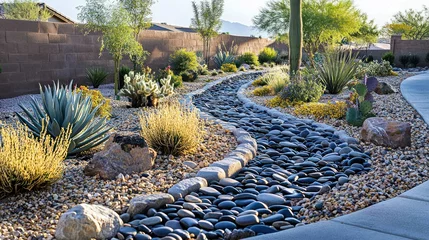 Sierkussen Steden & Reizen Desert landscape design with a meandering dry creek bed  © KASANUN