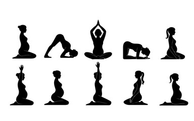 Collection of pregnant woman yoga poses silhouette