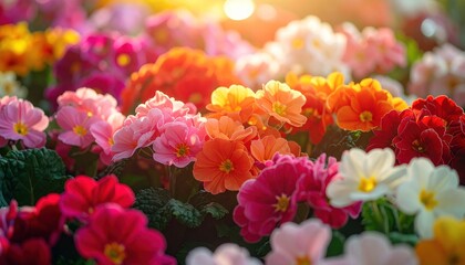 Blossoming variety of primroses in sunlight. Vivid hues of pink, red, orange, yellow, and white. Soft focus