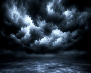 Dark moody scene depicts dense clouds over a water surface