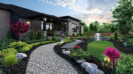 Modern home with landscaped pathways and garden beds