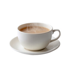 Obraz premium A steaming cup of tea or coffee in a white ceramic mug on a saucer, showcasing a warm and inviting beverage perfect for a cozy setting.