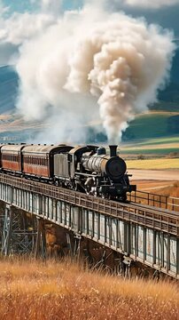 Vintage Steam Train on Bridge in Autumnal Landscape