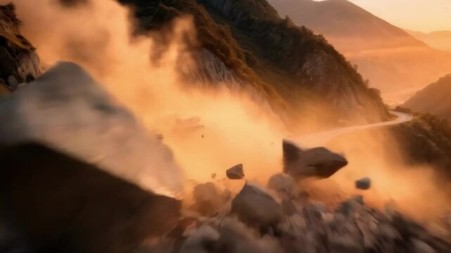 Landslide Breaking Through Mountain Road at Sunrise