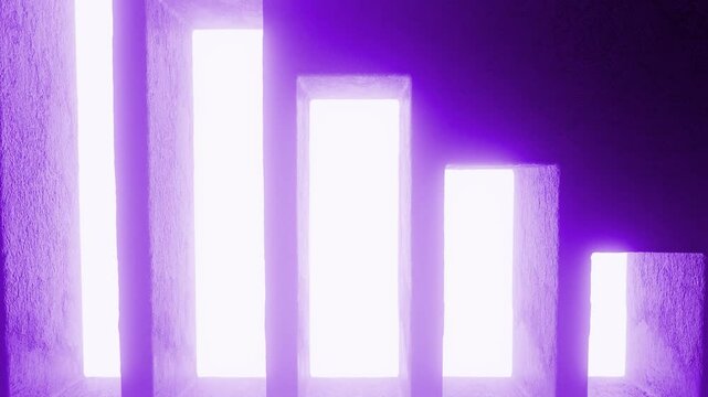 Glowing purple rectangular doors in a dark room decrease in size, creating a mysterious and vanishing path toward a bright unknown destination