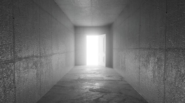 Growing light gradually unveiling shadowy concrete interior, white door swinging open and symbolizing powerful journey from darkness toward hope, potential, and transformative personal breakthrough