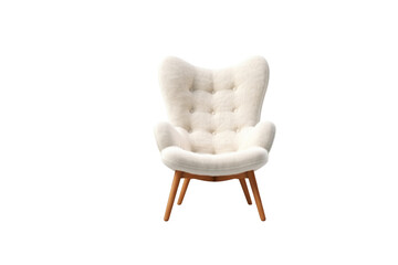 A comfy, off-white sheepskin armchair with wooden legs, perfect for relaxation. background removed