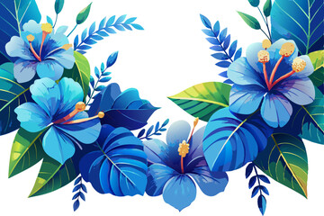 abstract floral background with flowers. Blue hibiscus garland with long teal leaves, on white background